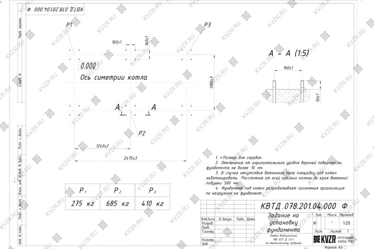 Чертеж фундамента котла на дровах 0.9 МВт с колосниками